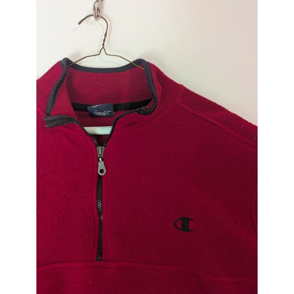 Champion Men's L Red Vintage 1990s Fleece 1/4 Zip Long Sleeve Pullover Y2k Prep